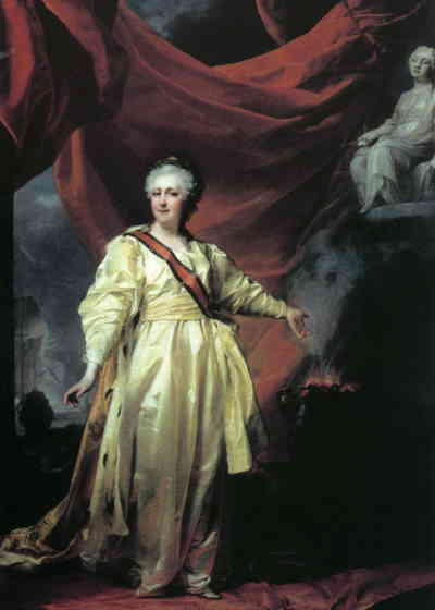 Портрет Екатерины II в виде законодательницы в храме богини Правосудия, выполненный Левицким Д.Г. (1773), ГТГ